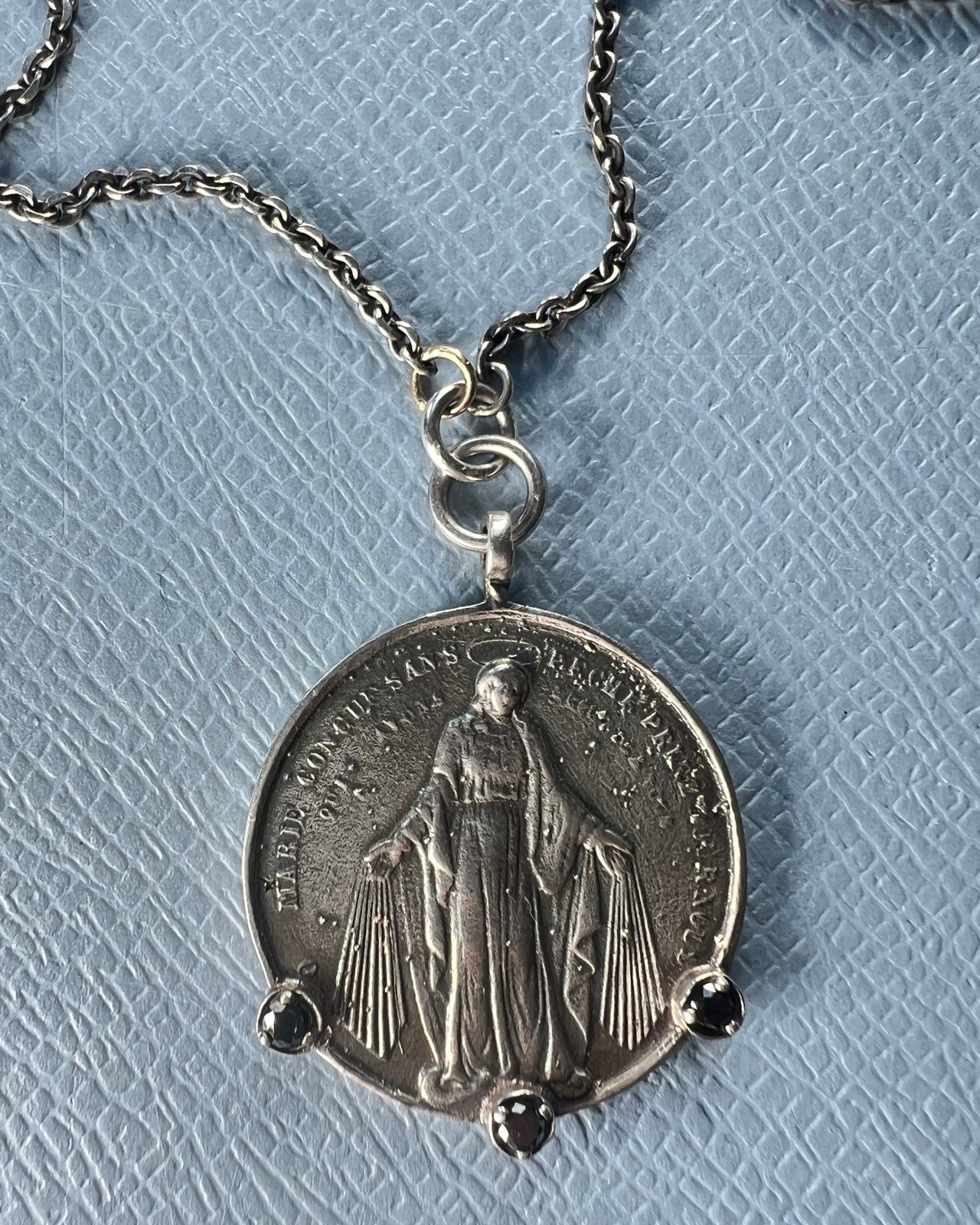 Black Diamond Virgin Mary Medal Silver Necklace