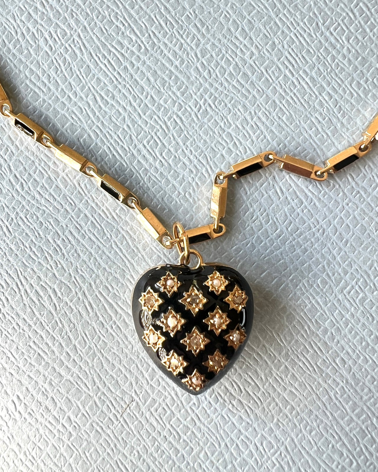 Diamond Pearl Black Enamel Heart Necklace
