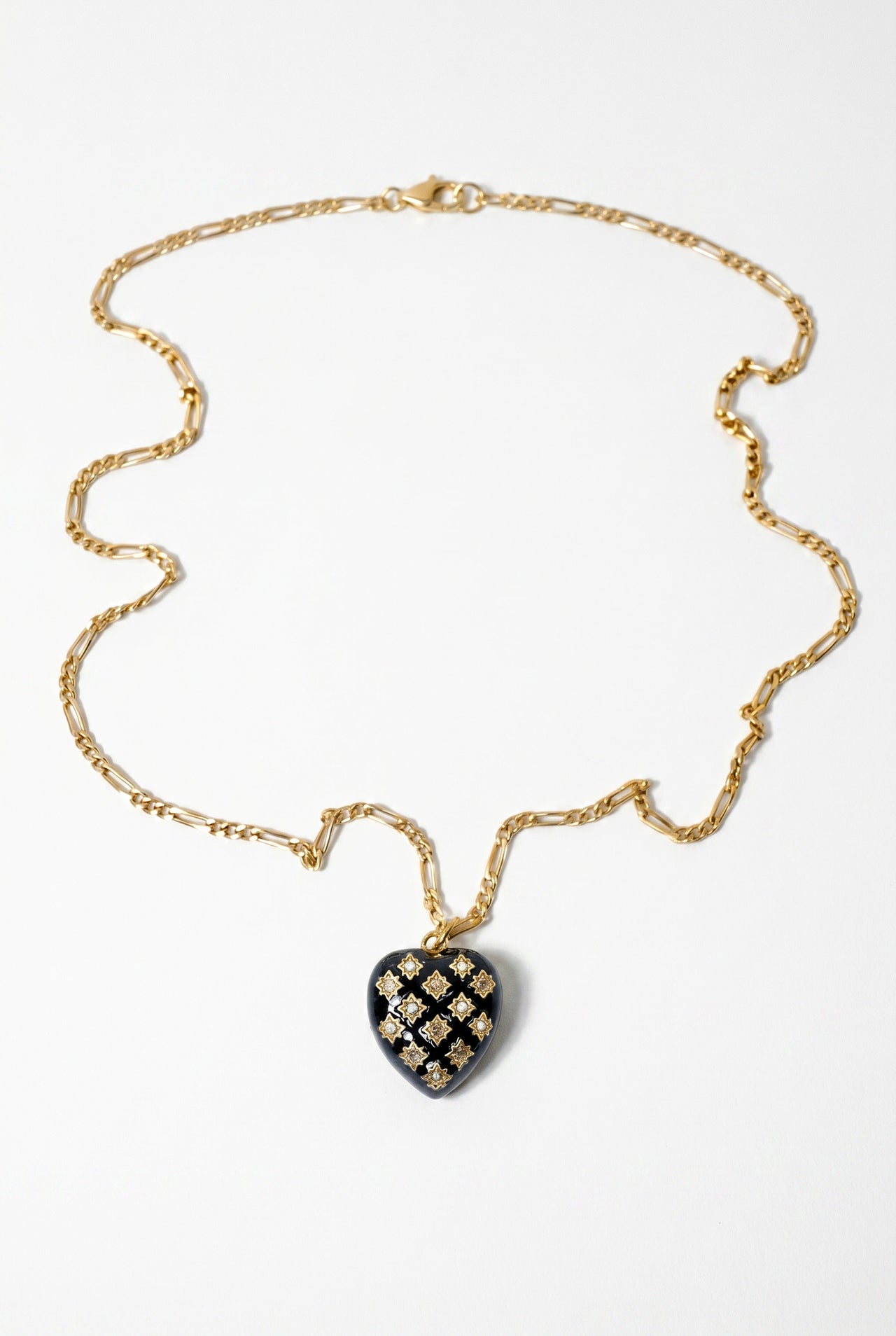 White Diamond Heart Necklace Black Enamel