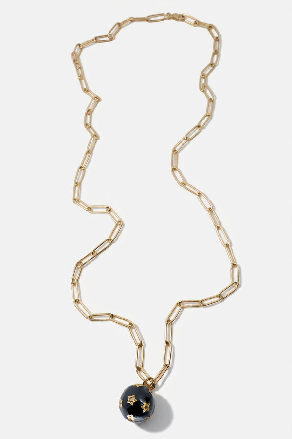 Diamond Star Sphere Black Enamel Paper Clip Necklace