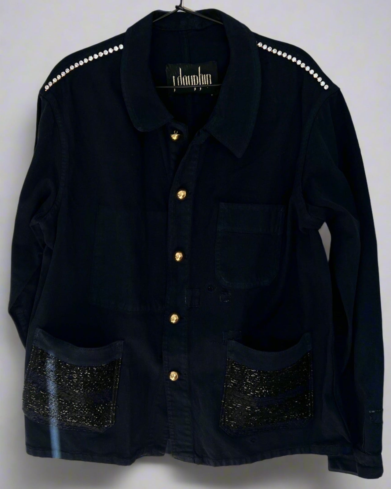Black French Workwear Jacket – Crystal Gold Chain, Gold Buttons