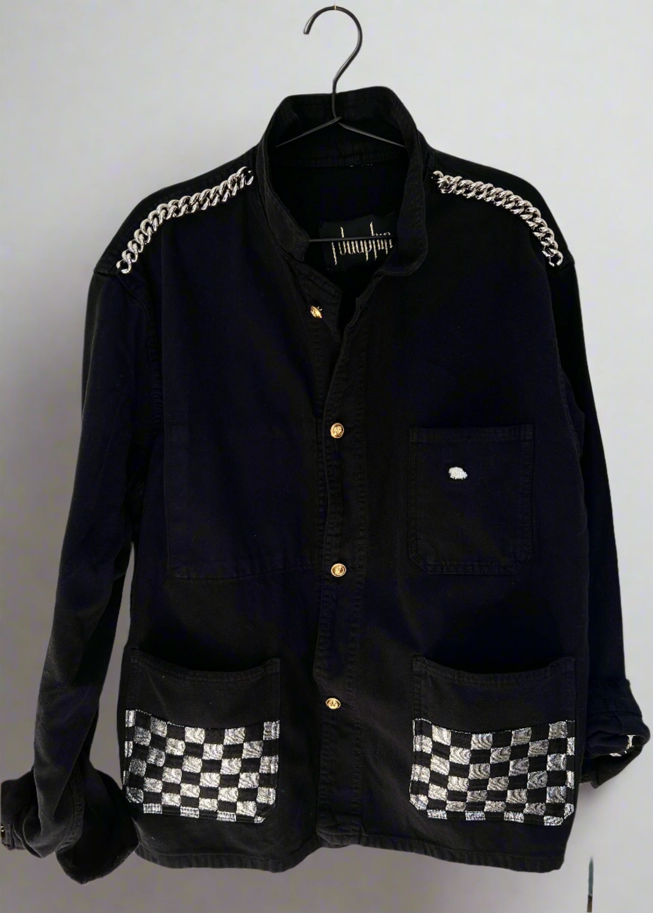 Black French Workwear Jacket – Silver Checker Fabric, Palladium Chain, Vintage Buttons