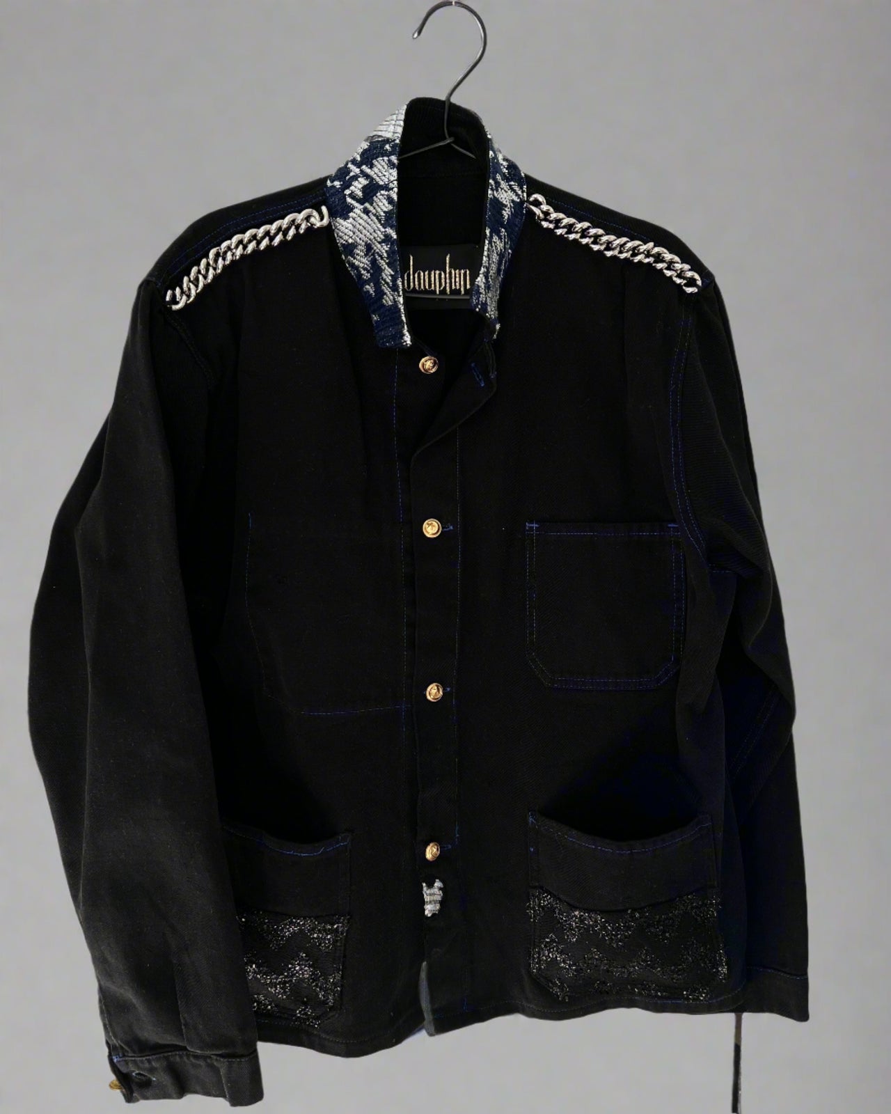 Repurposed Black French Workwear Jacket – Silver Lurex, Blue Fabric, Palladium Chain, Vintage Buttons