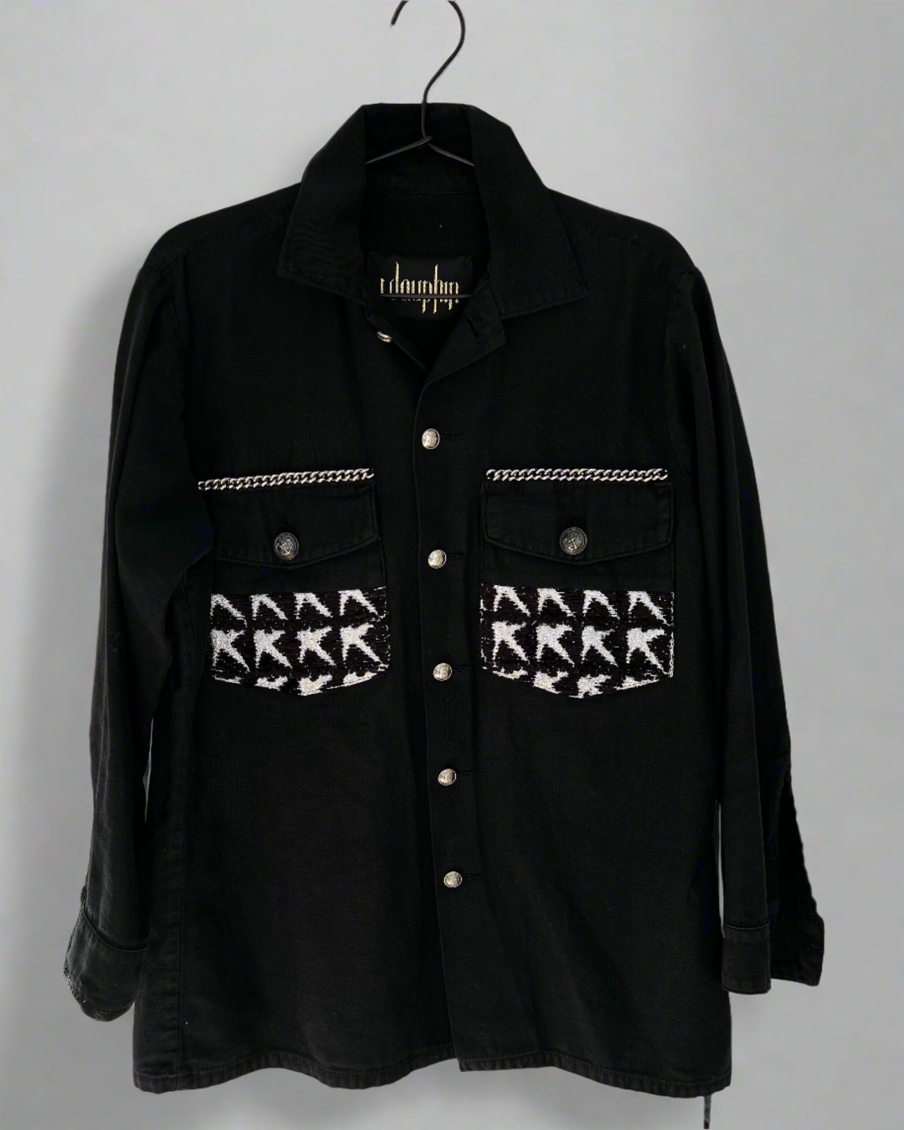 Black Military Jacket – Silver Chains, Star Pockets, Silver Buttons