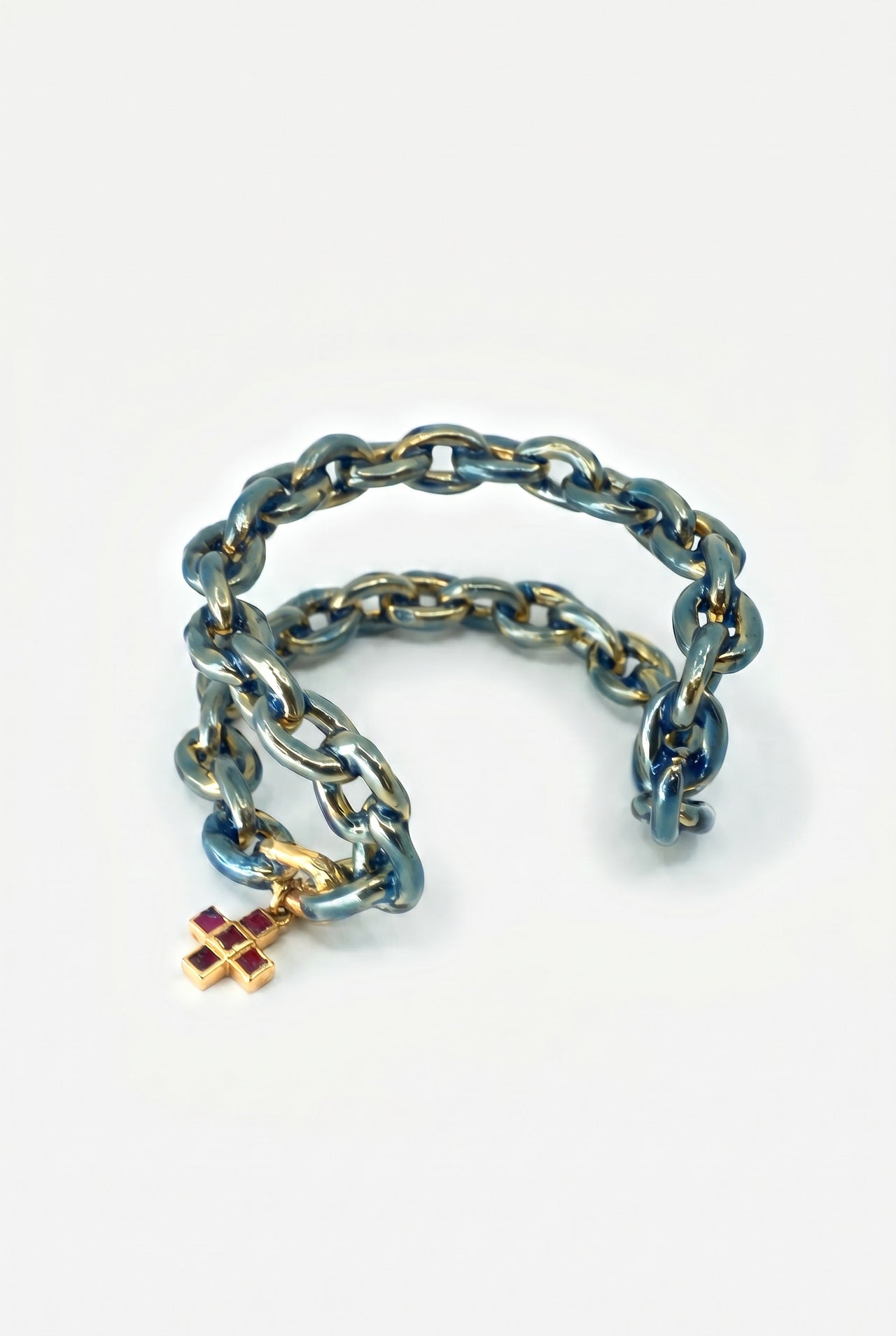 Ruby Cross Double Chain Cuff Bracelet Enamel