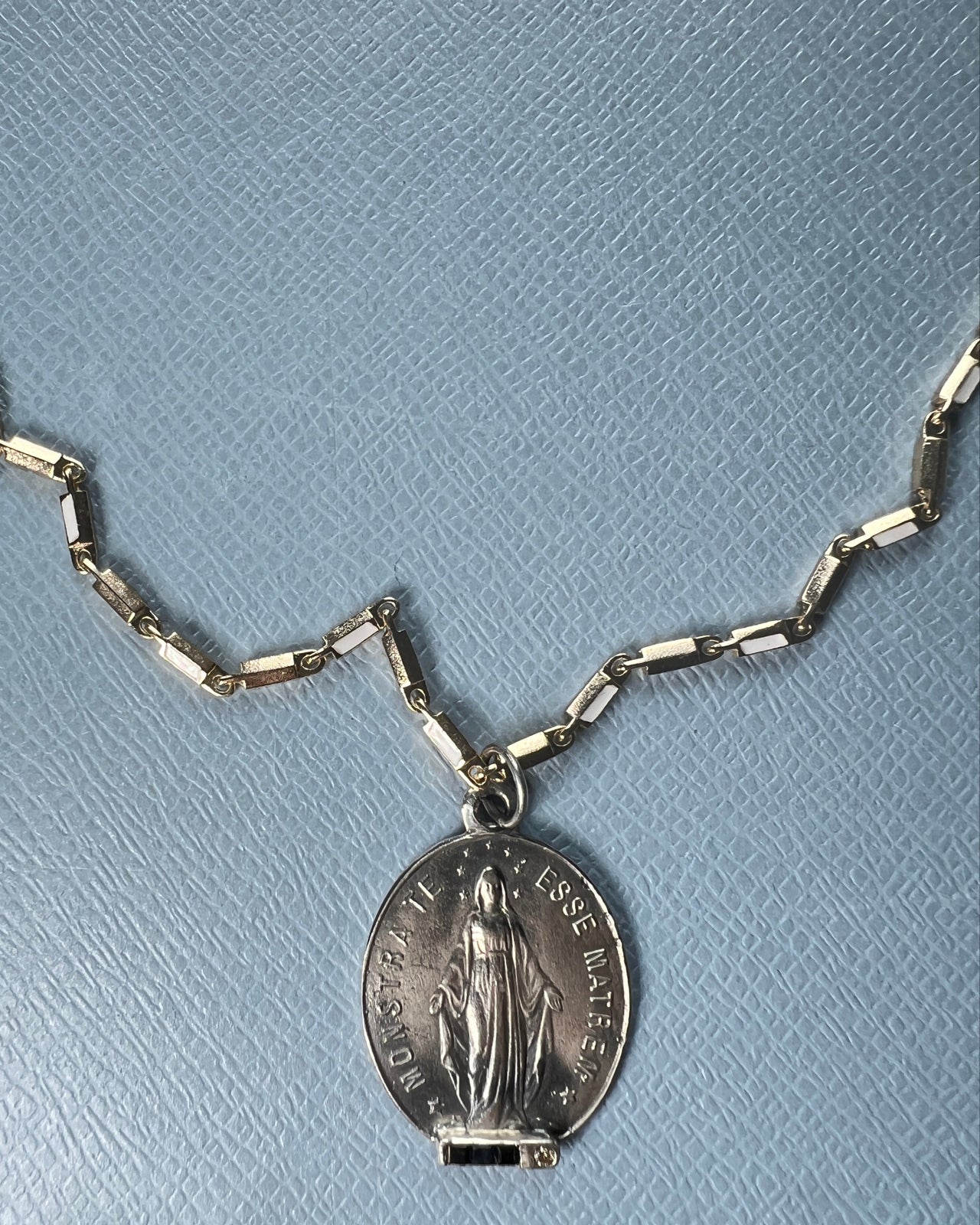 Diamond Blue Sapphire Virgin Mary Medal Chain Necklace