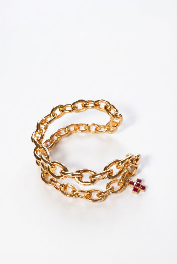 Chain Cuff Bracelet Ruby Cross Charm