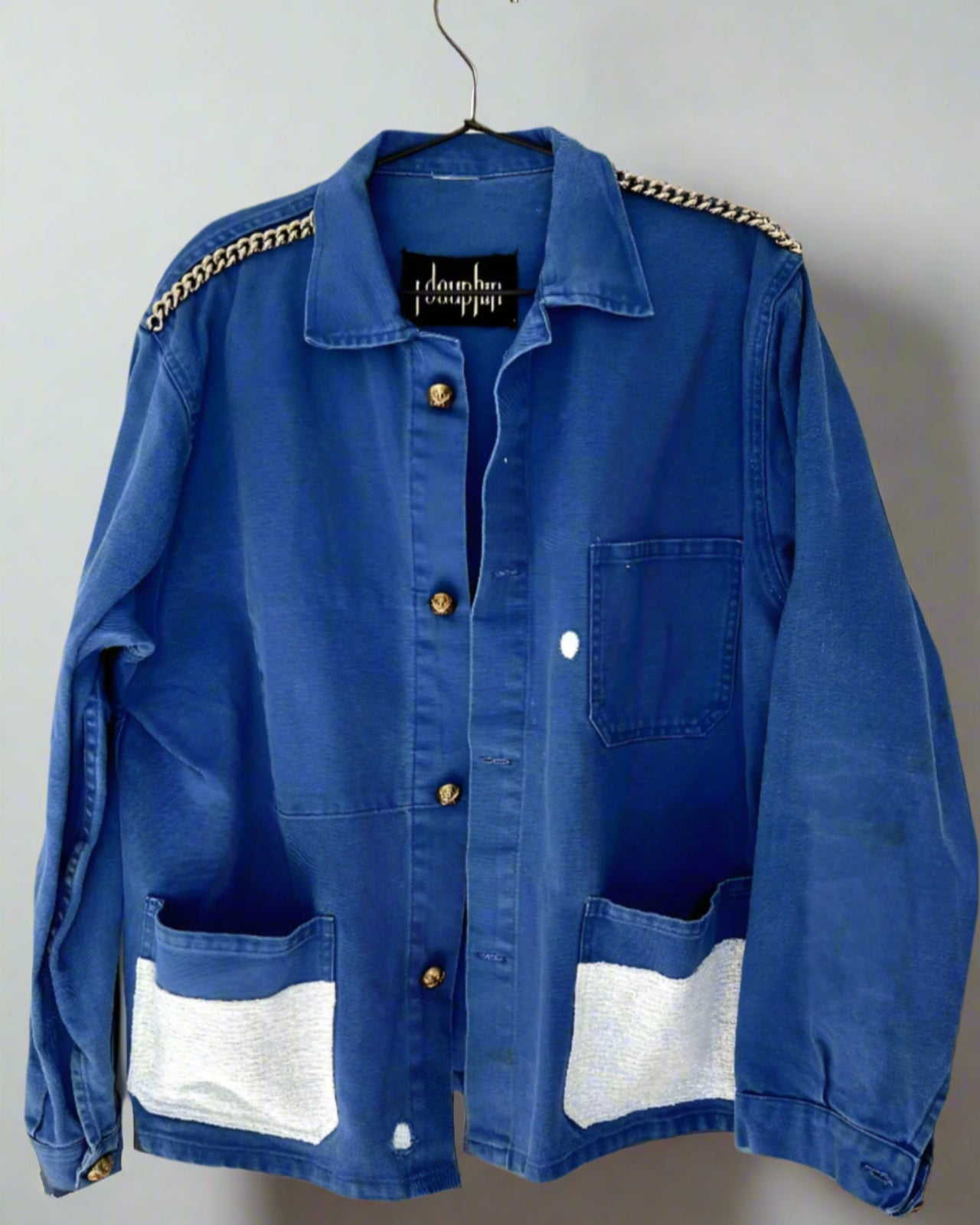 Blue French Workwear Jacket – Light Blue Glitter Tweed & Ruthenium Chain