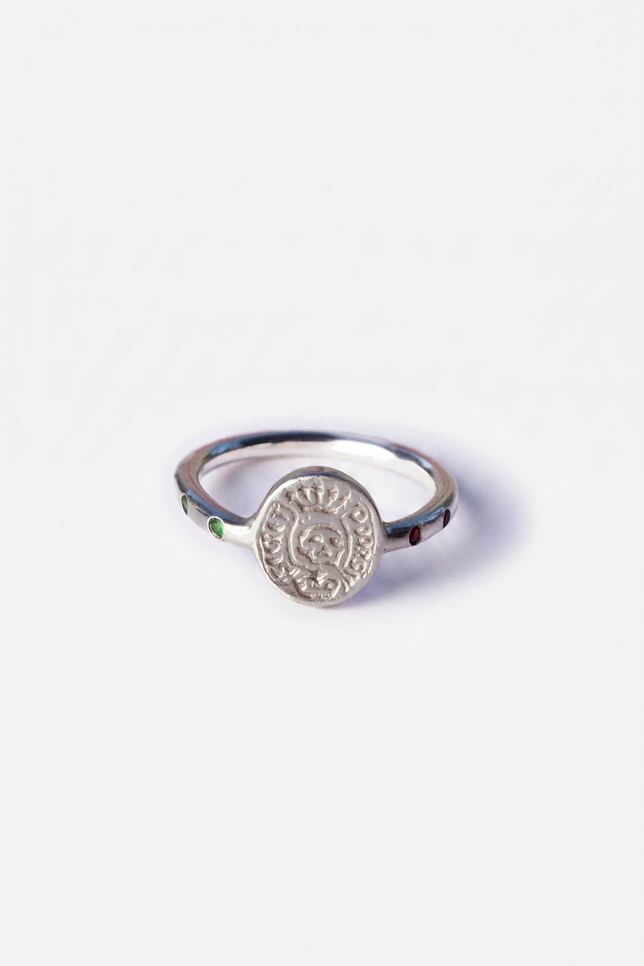 Emerald Ruby Skull Crest Signet Ring Silver