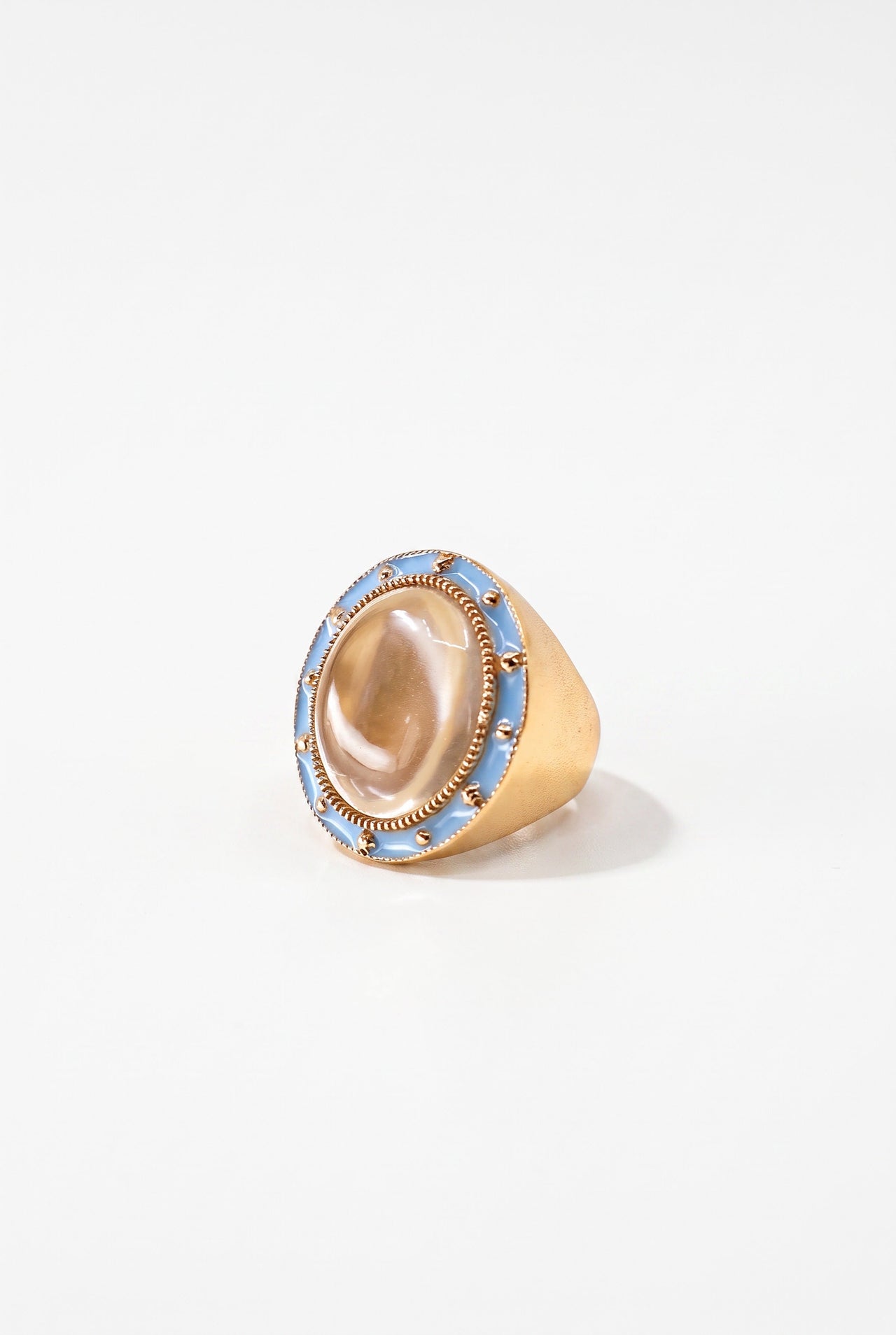Crystal Quartz Ring Cabochon Light Blue Enamel Star