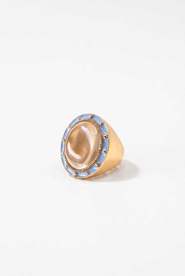 Crystal Quartz Ring Cabochon Light Blue Enamel Star
