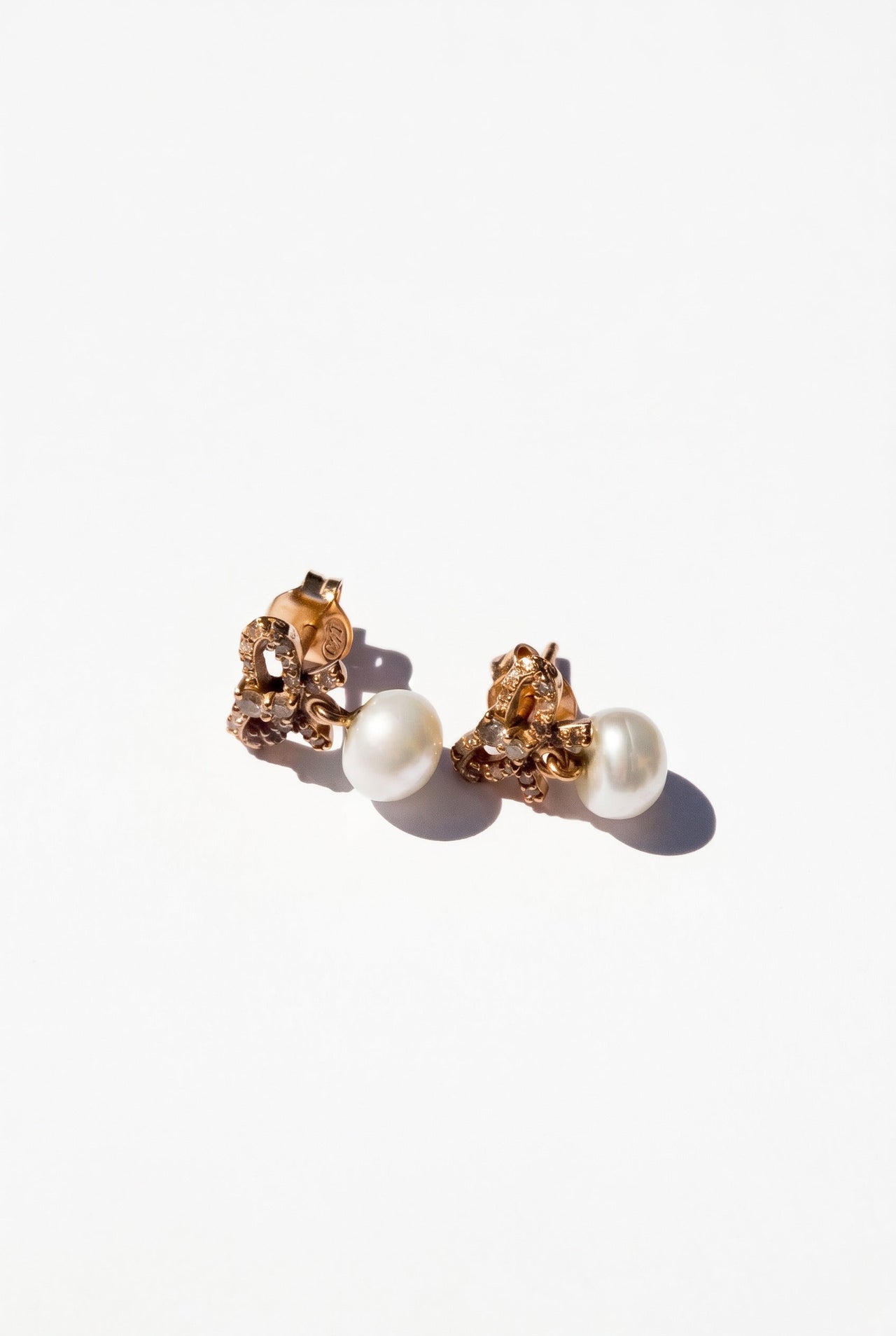 Diamond Bow Earrings Dangling Pearl