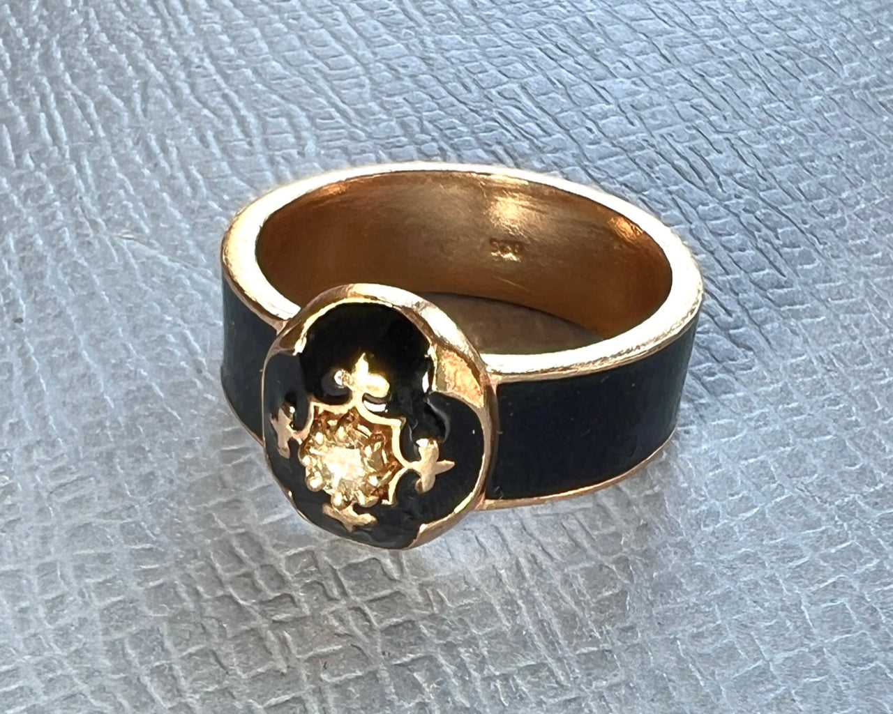 Diamond Fleur de Lis Ring Black Enamel