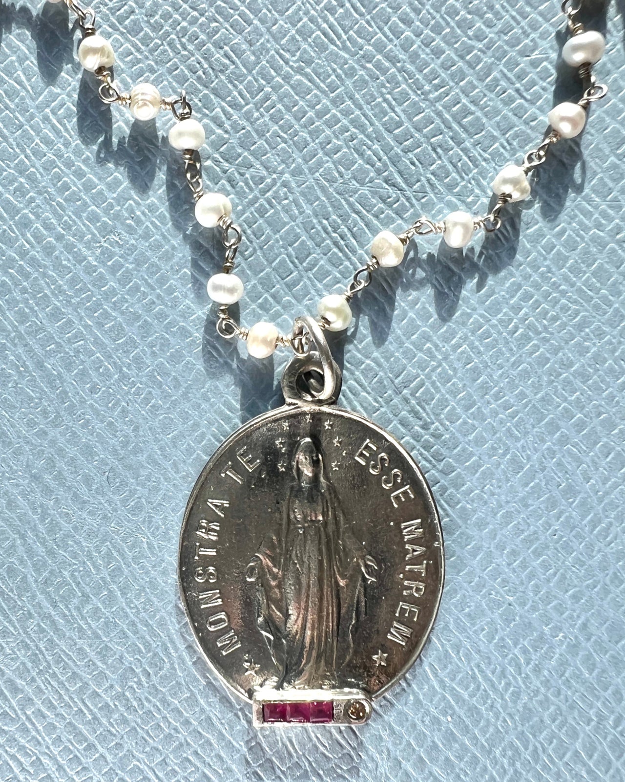 Diamond Ruby Virgin Mary Medal Rosario Necklace