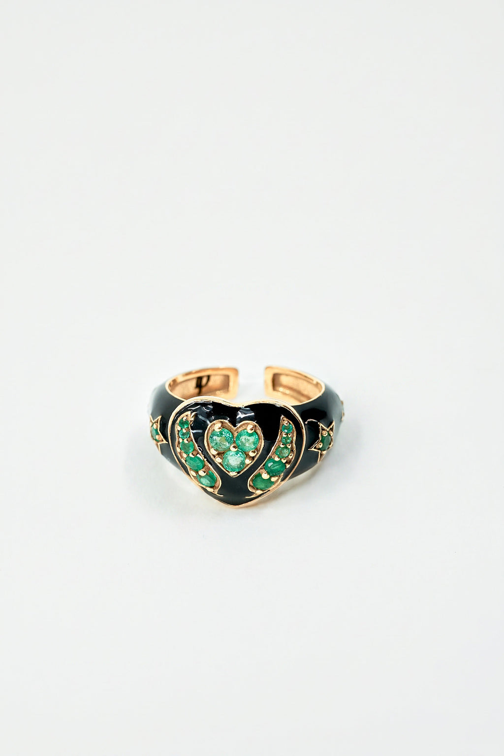 Emerald Heart Star Ring Black Enamel