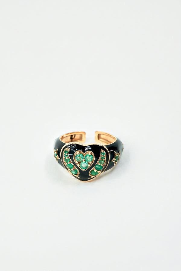 Emerald Heart Star Ring Black Enamel