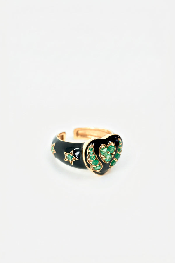 Emerald Heart Star Ring Black Enamel