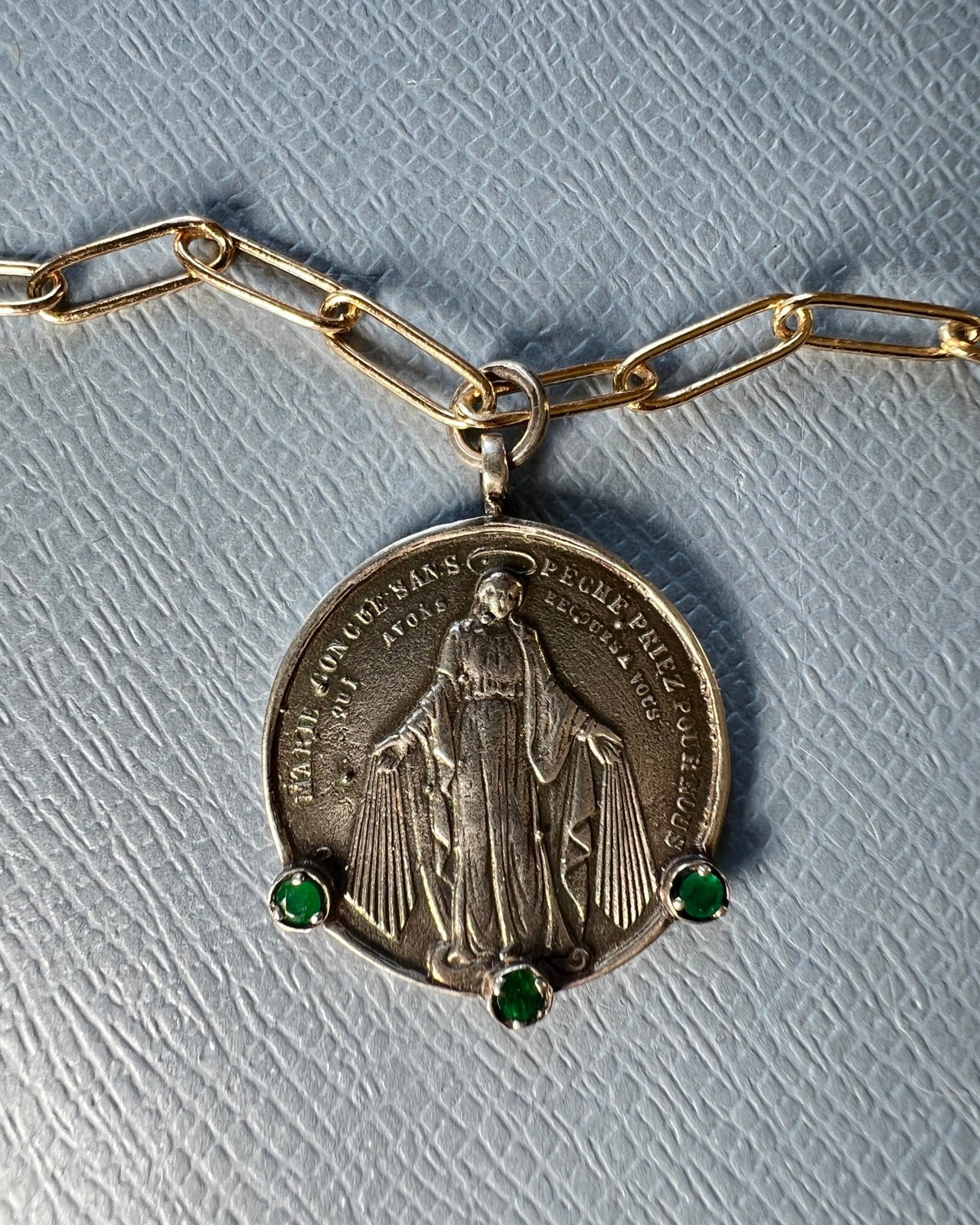 Emerald Silver Virgin Mary Medal Necklace