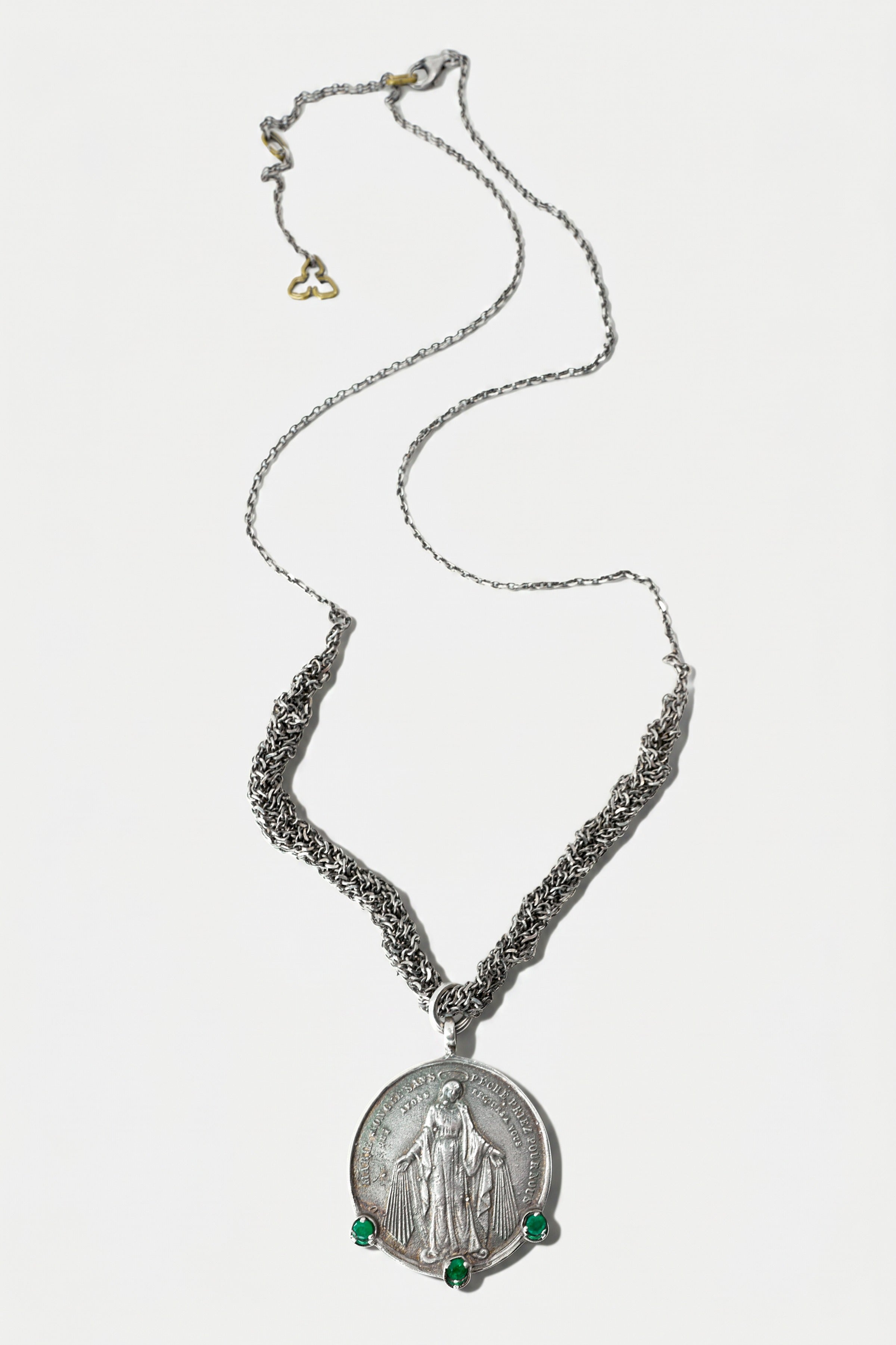 Emerald Virgin Mary Medal Necklace Silver
