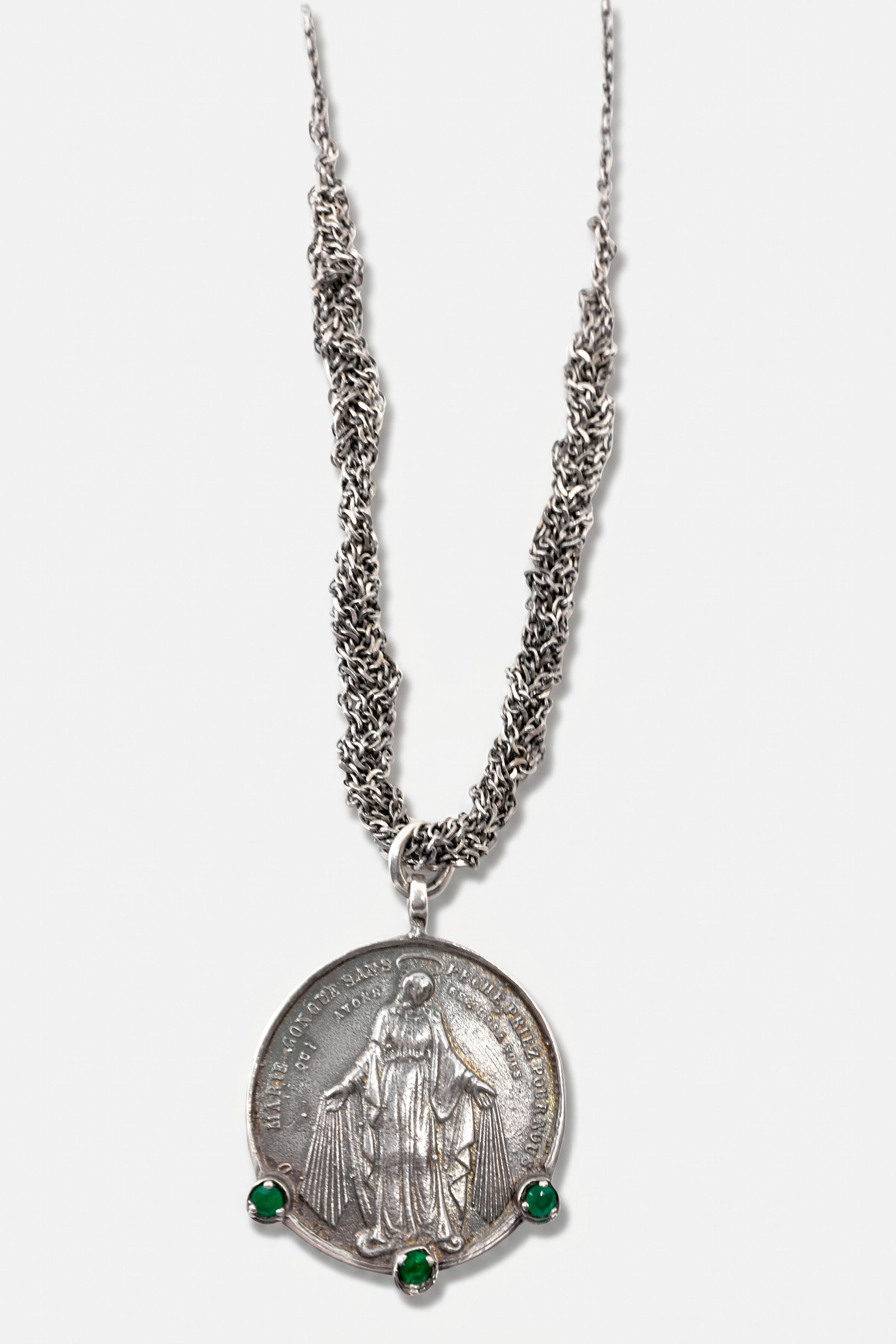 Emerald Virgin Mary Medal Necklace Silver