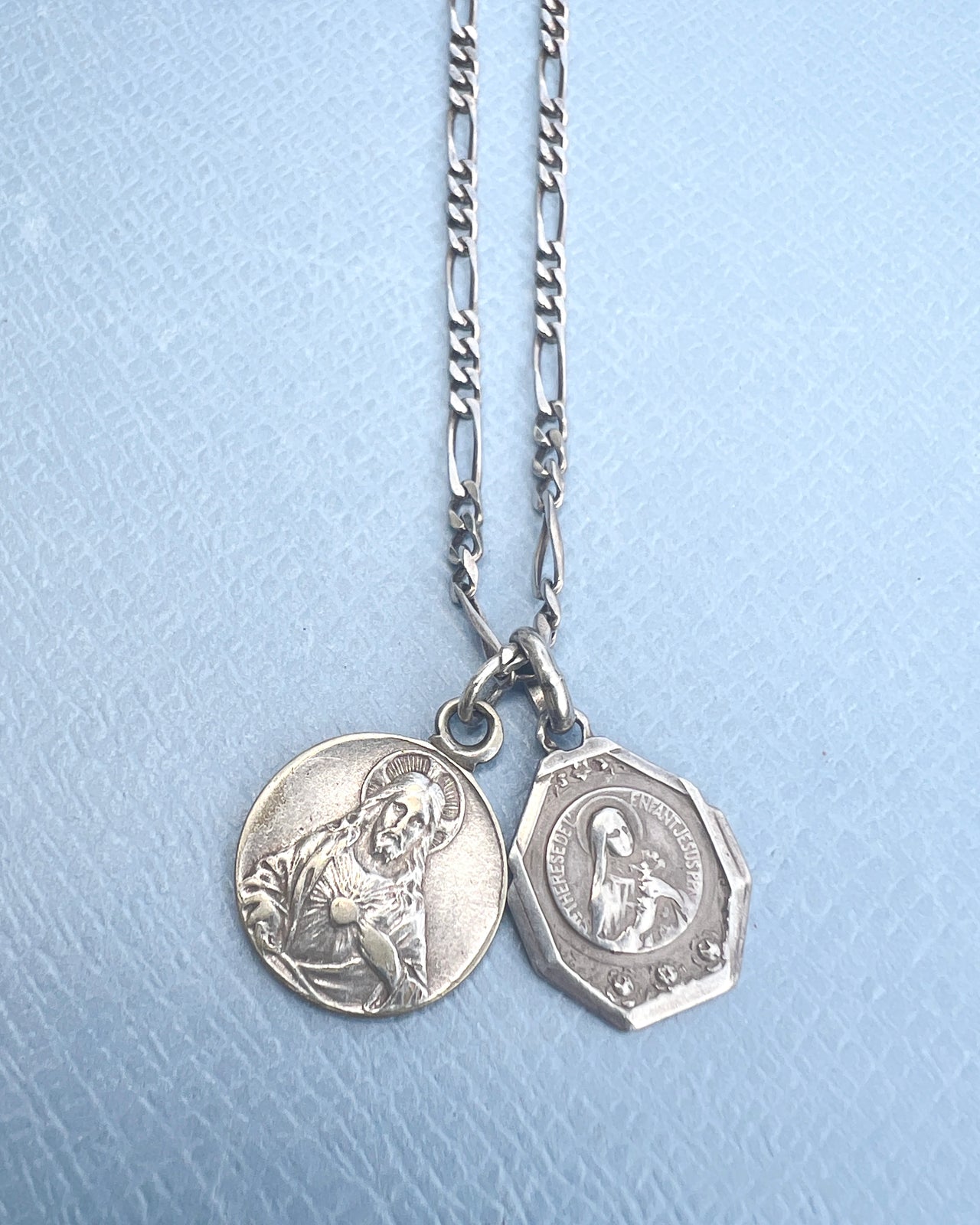 Silver Necklace Sacred Heart of Jesus Virgin Mary Vintage
