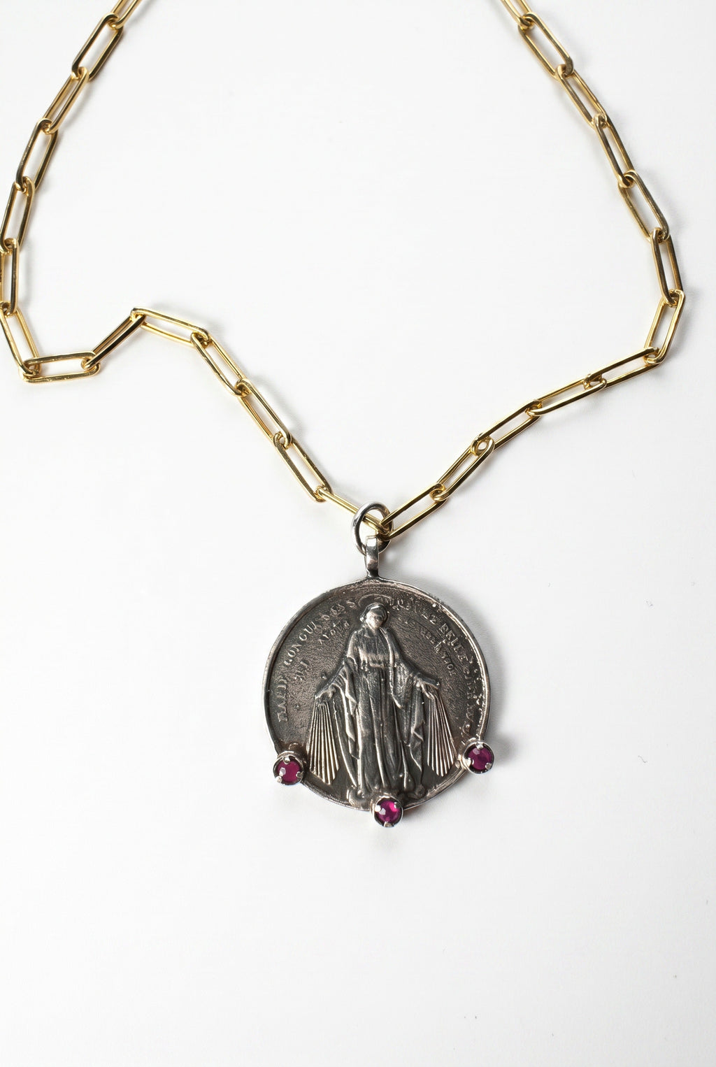 Virgin Mary Necklace  Ruby Silver Paperclip Chain