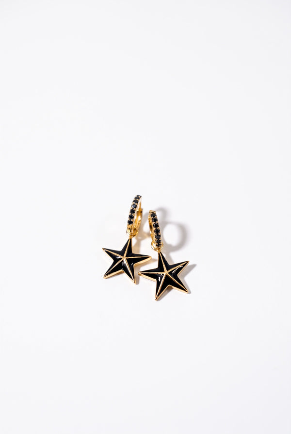Star Hoop Earrings Black Diamond Black Enamel