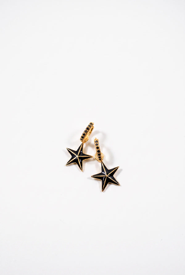 Star Hoop Earrings Black Diamond Black Enamel