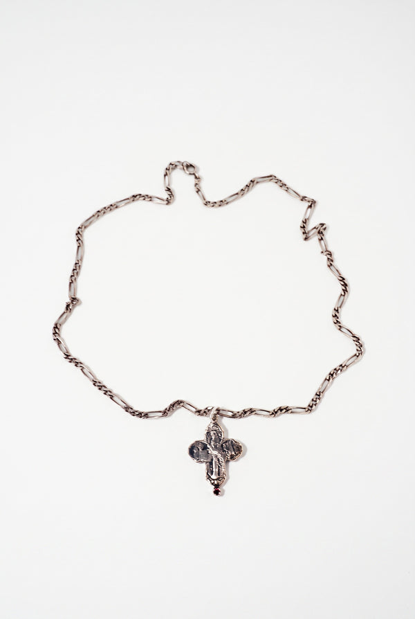 Greek Cross Ruby Necklace Silver Figaro Chain