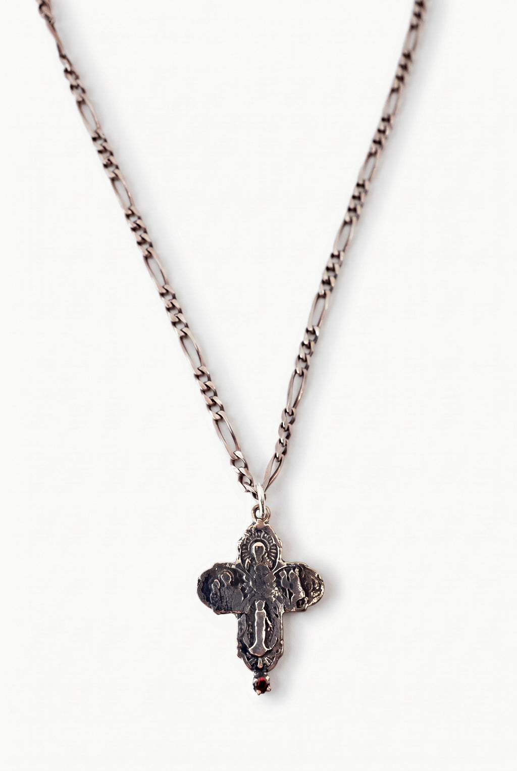 Greek Cross Ruby Necklace Silver Figaro Chain
