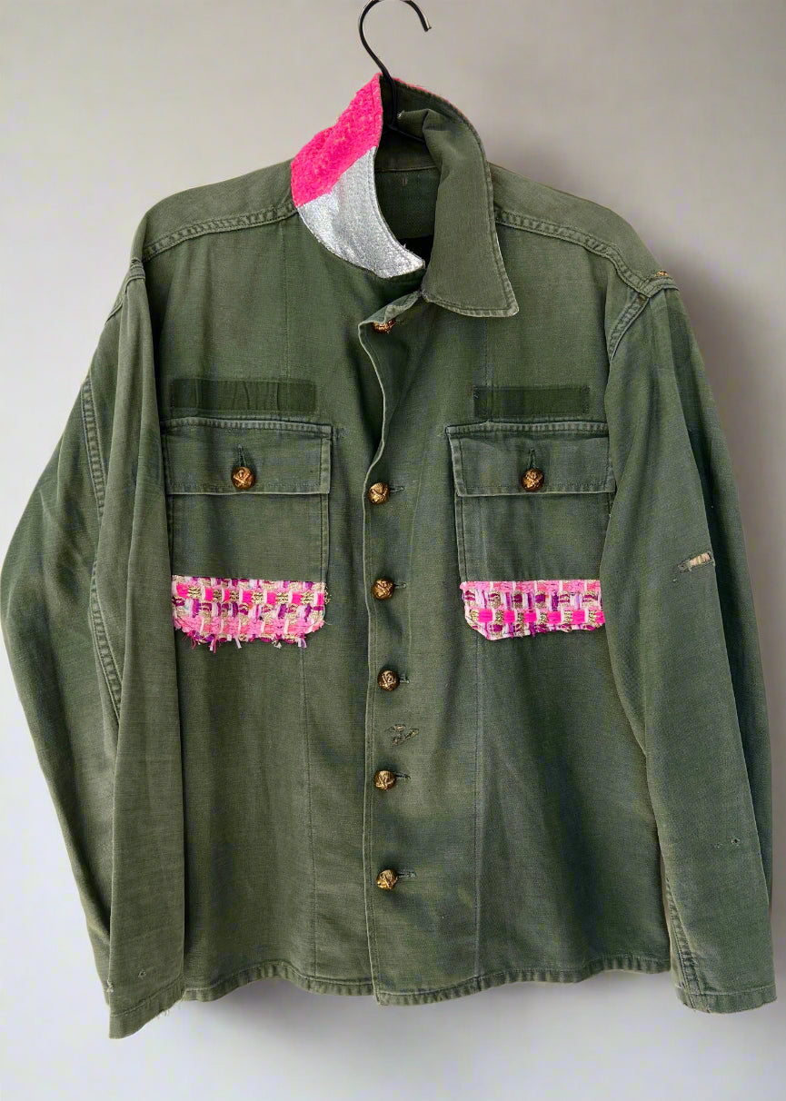 Green Military Jacket Pink Silver Tweed