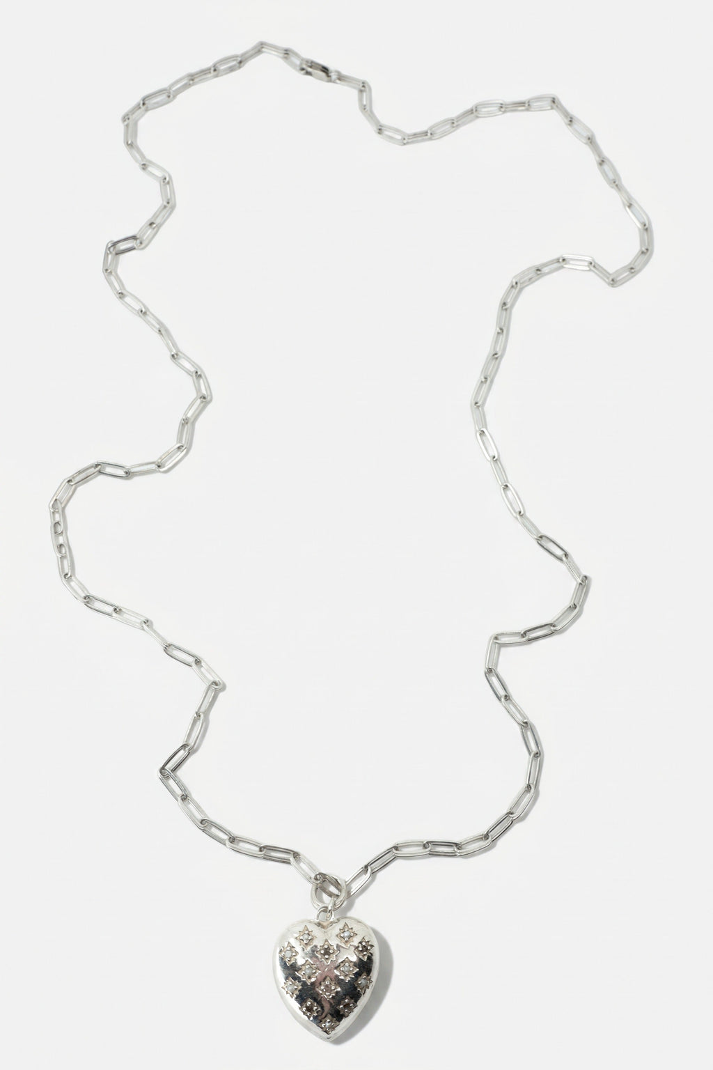 Diamond Pearl Heart Necklace Silver Paperclip Chain
