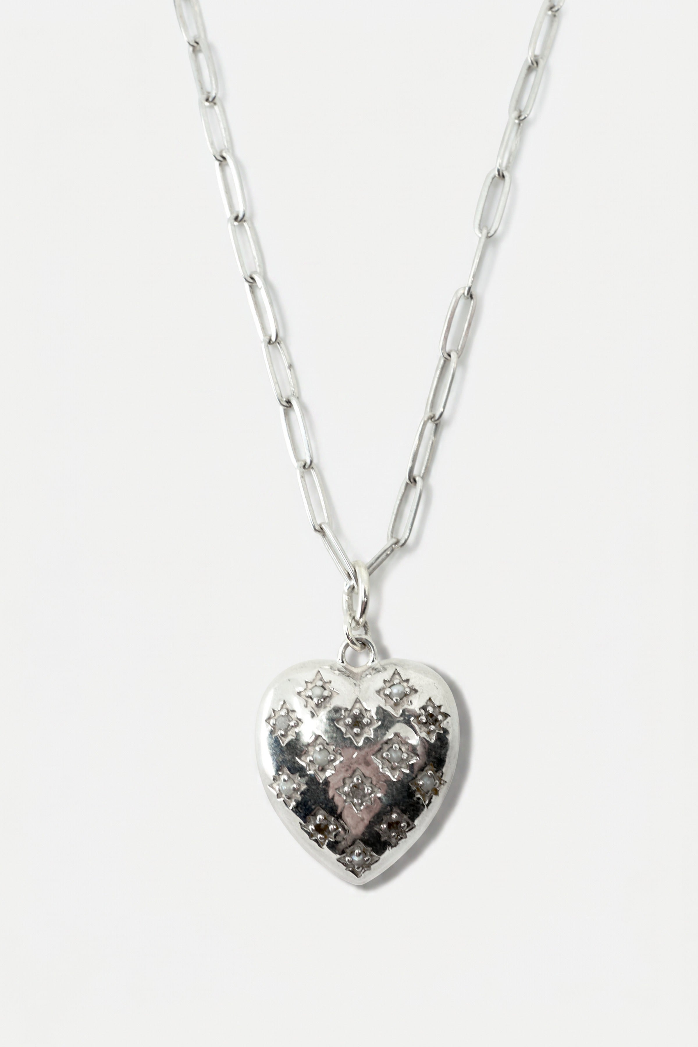 Diamond Pearl Heart Necklace Silver