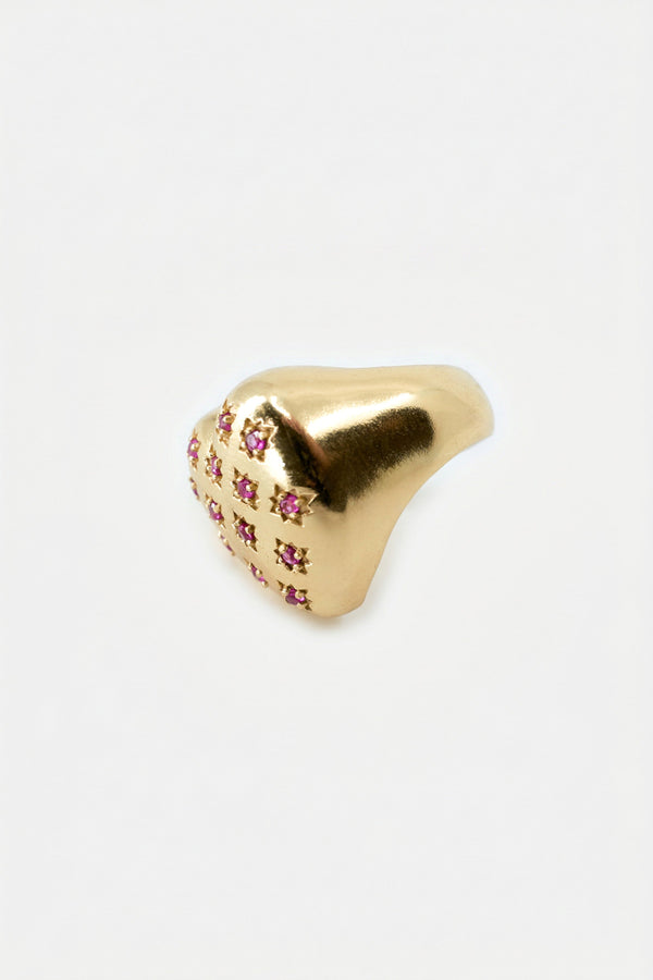 Gold Heart Signet Ring Ruby Star