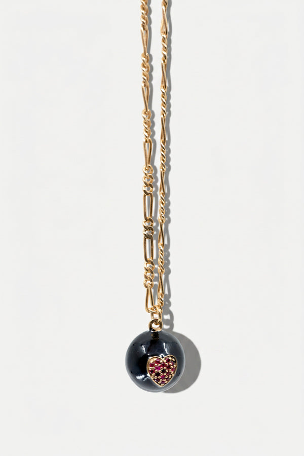 Ruby Heart Sphere Necklace Black Enamel
