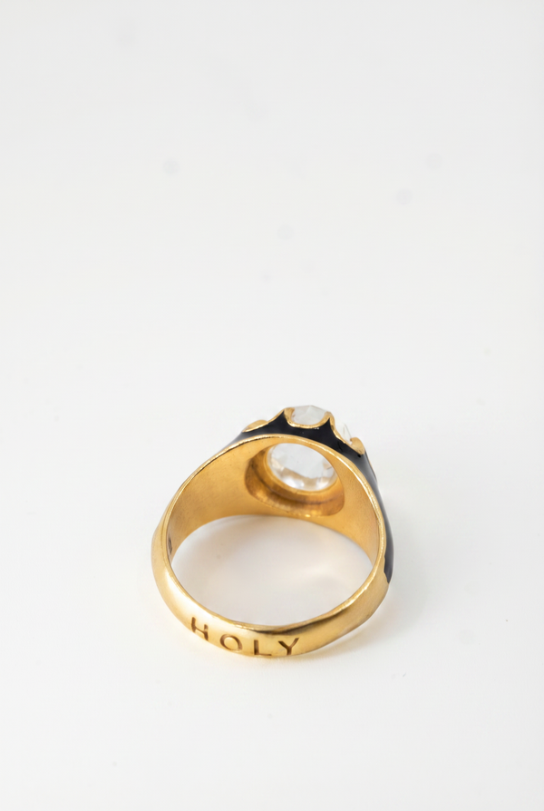 Crystal Quartz Ring Black Enamel Word Band Holy