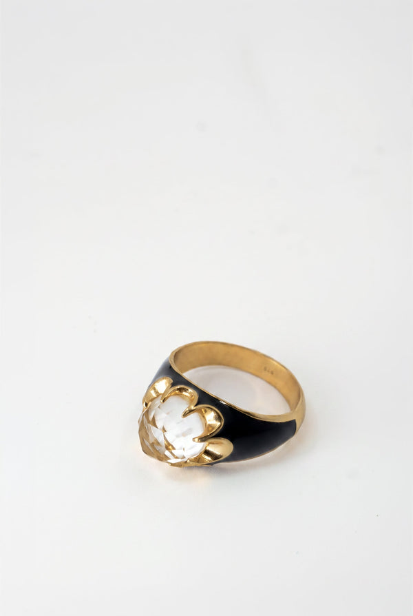 Crystal Quartz Ring Black Enamel Word Band Holy