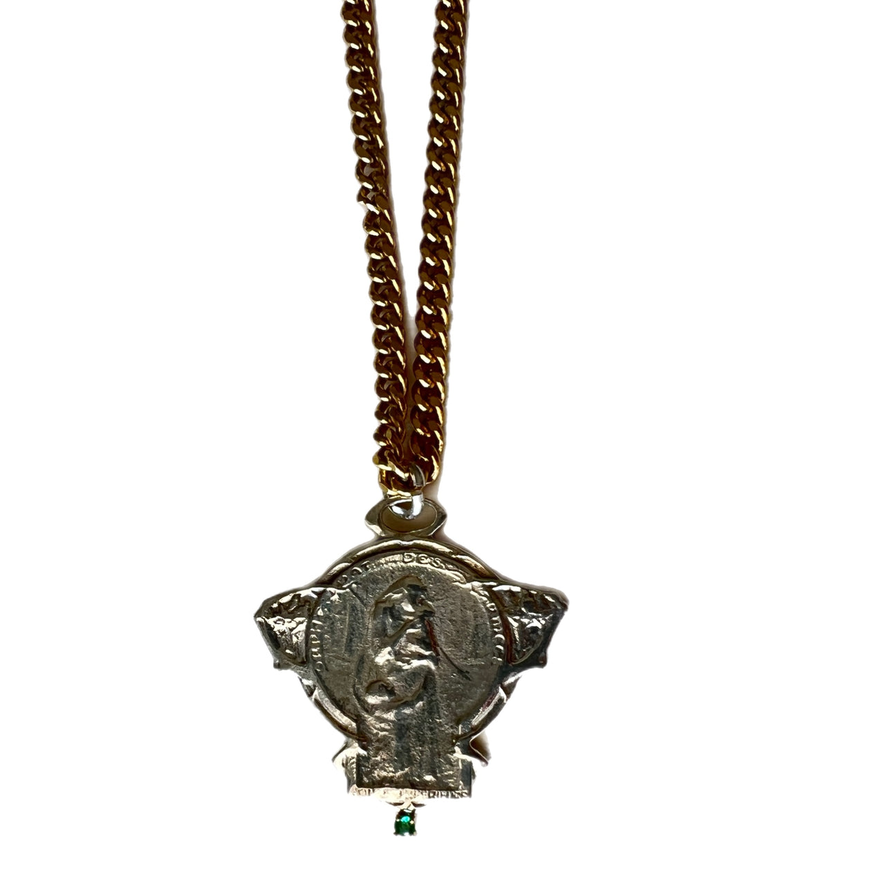 Emerald Set Art Nouveau Medal in Silver Necklace