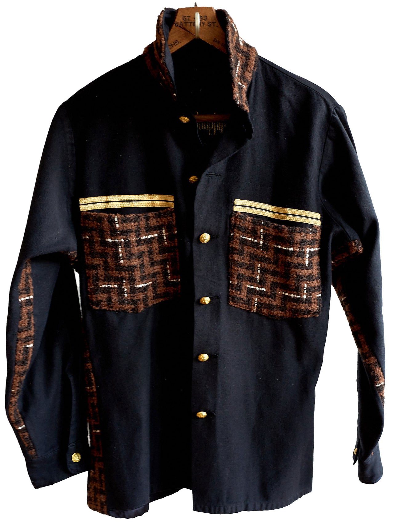 Black Military Jacket Brown Wool Medium Extra Long