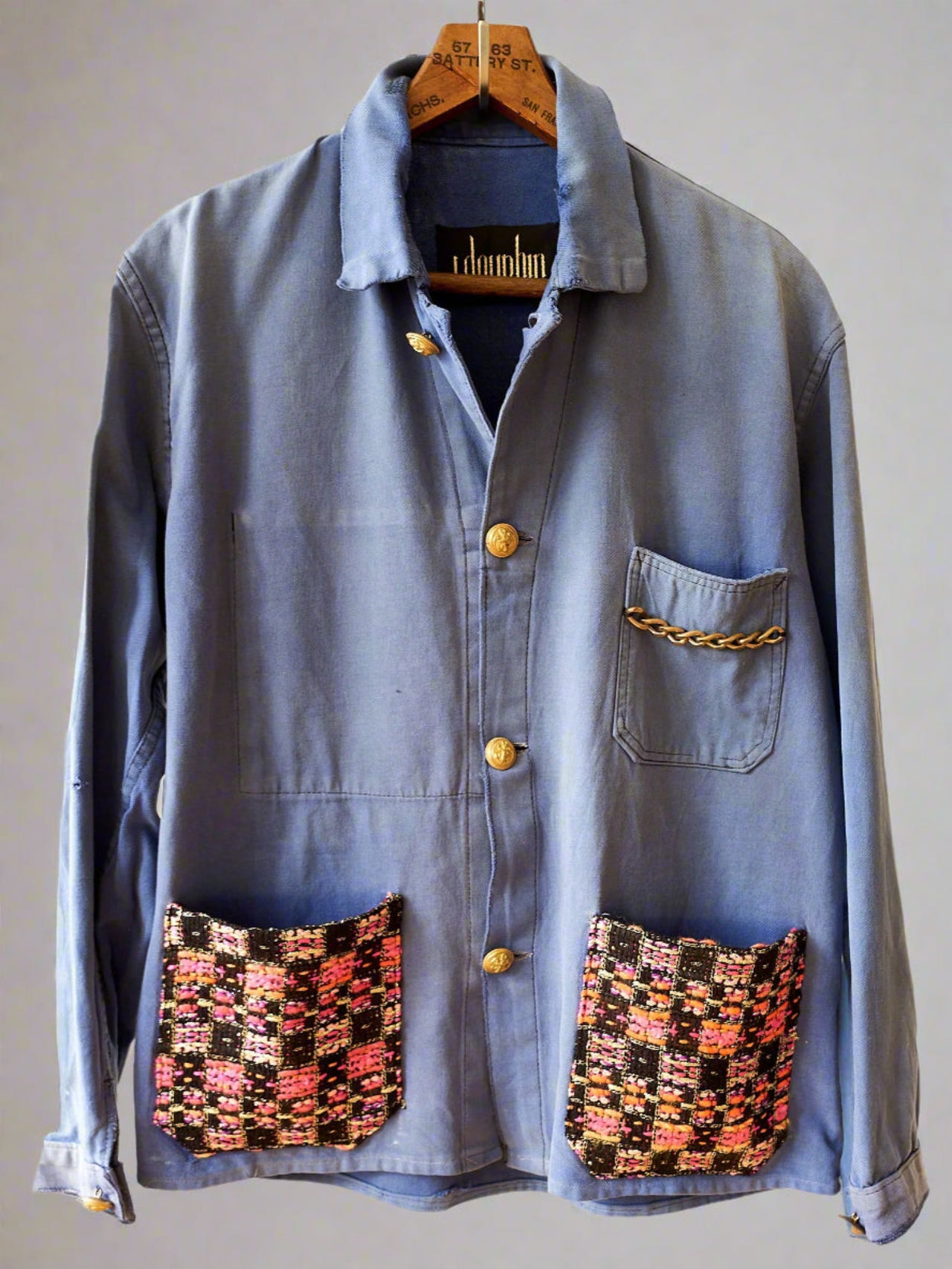 Repurposed Blue Jacket – Pink, Orange & Gold Tweed, Brass Chain, Vintage Buttons