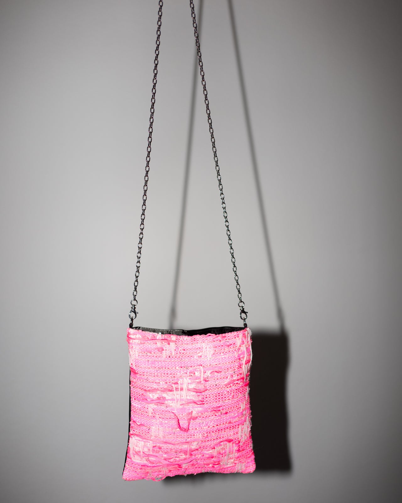 Bag with Neon Pink Tweed and Black Leather Silver Chain
