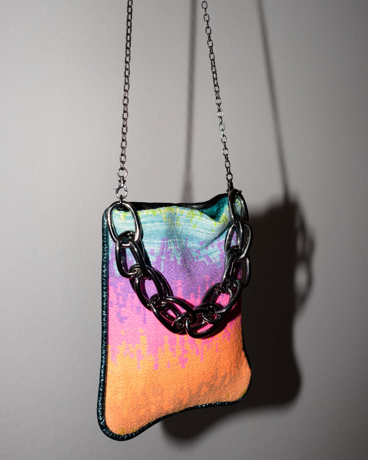 Bag with Rainbow Colored Tweed and Black Leather Gun Metal Chain