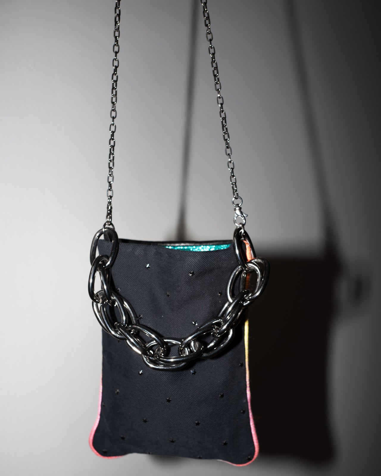 Leatherbag with Black Star Swarovski Crystals Leather Gunmetal Chain