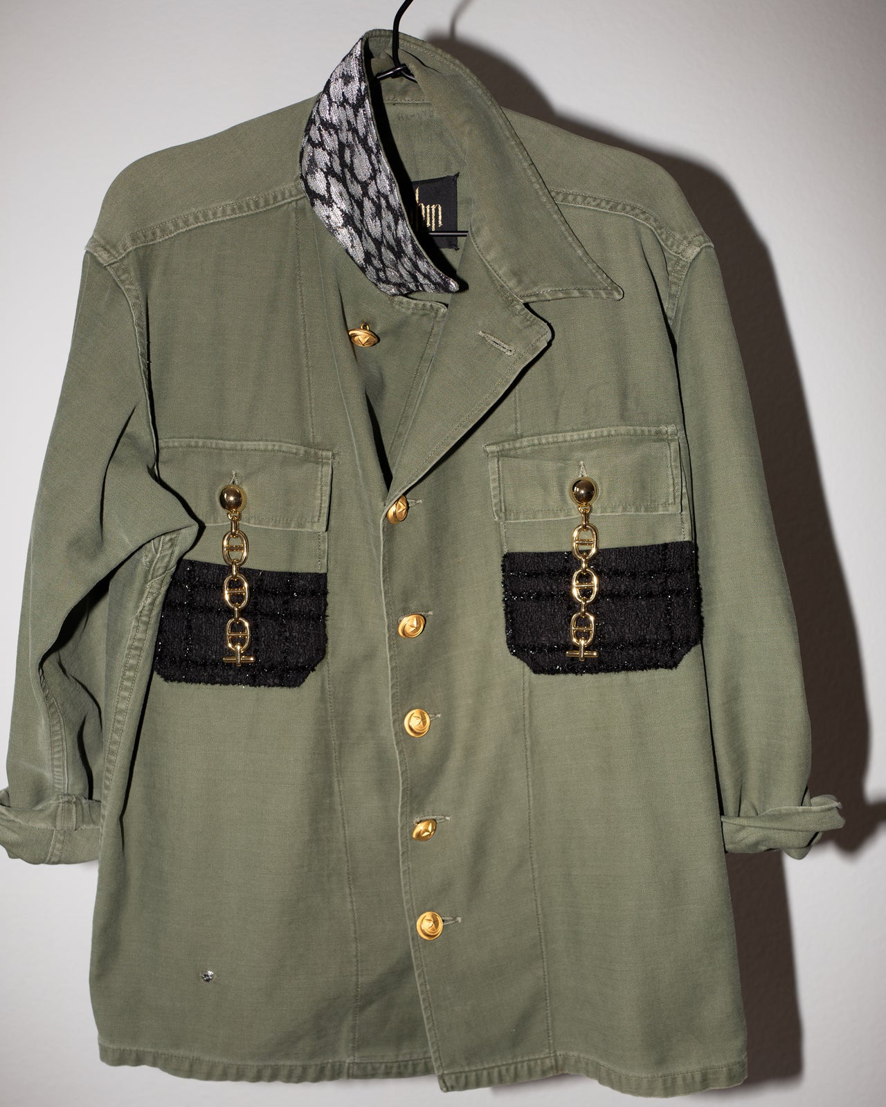 Military Jacket Green Gold Chain Buttons Black Silver Lurex Medium