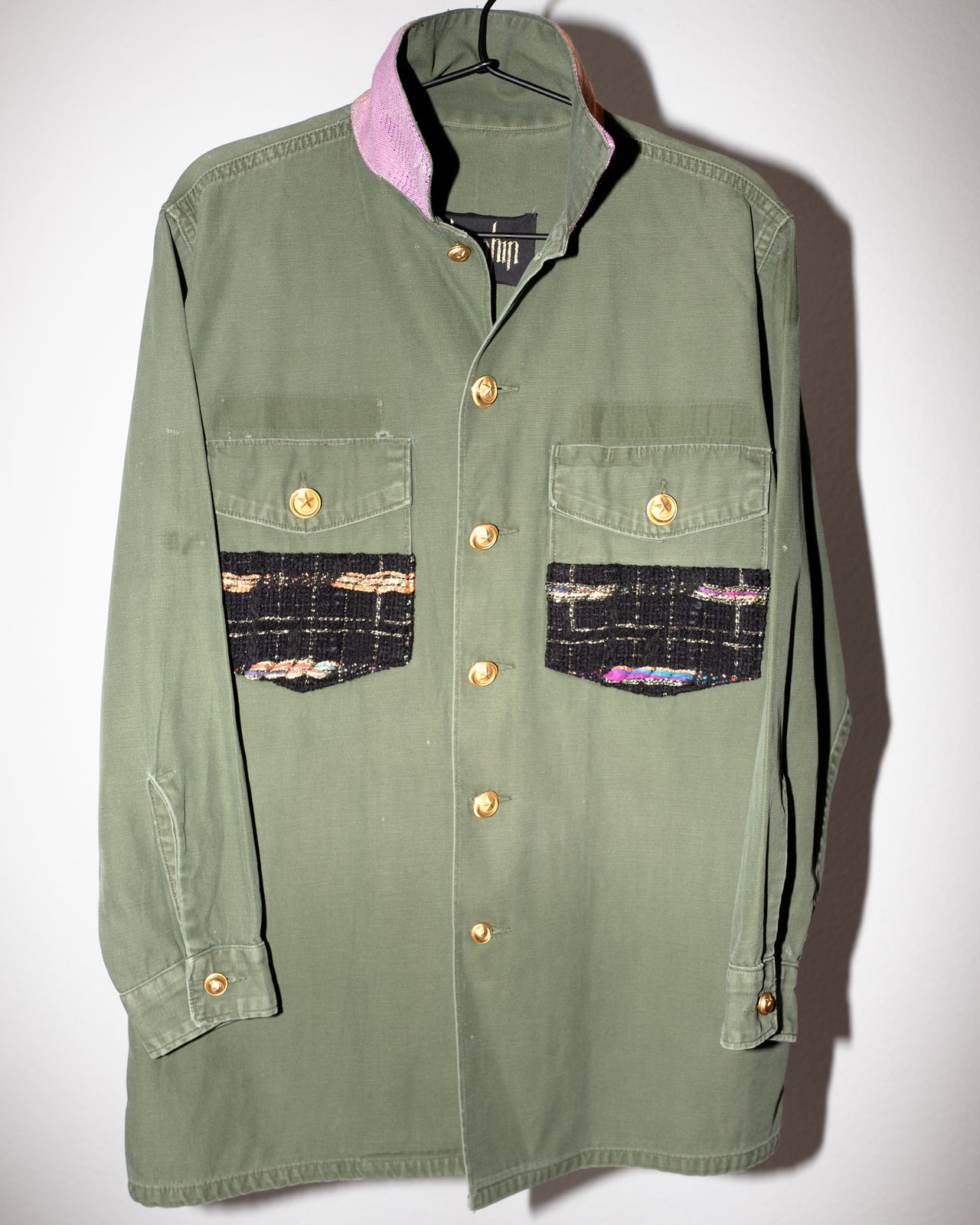 Military Jacket Green Black Lurex Purple Orange Collar Medium