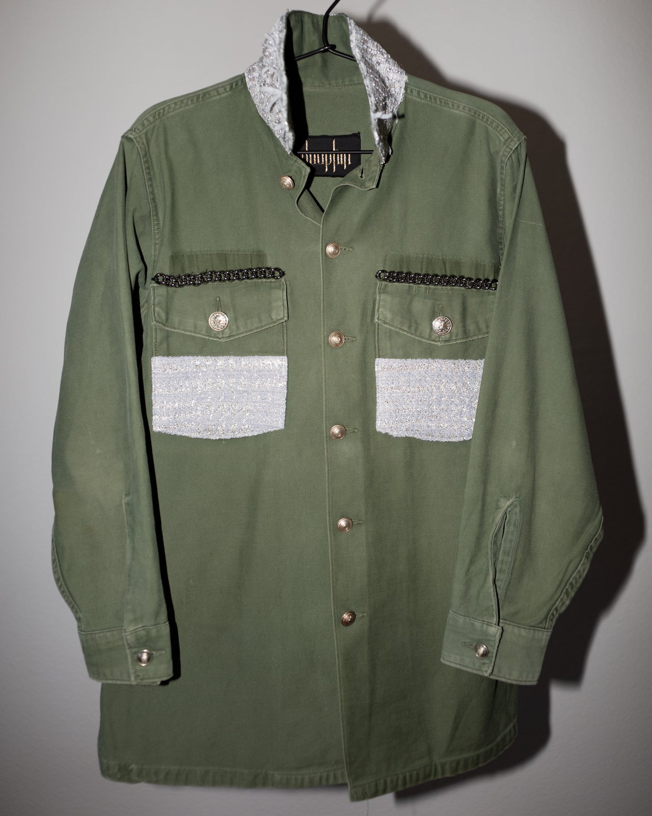 Military Green Jacket Light Grey Lurex Tweed Gun Metal Chain Medium