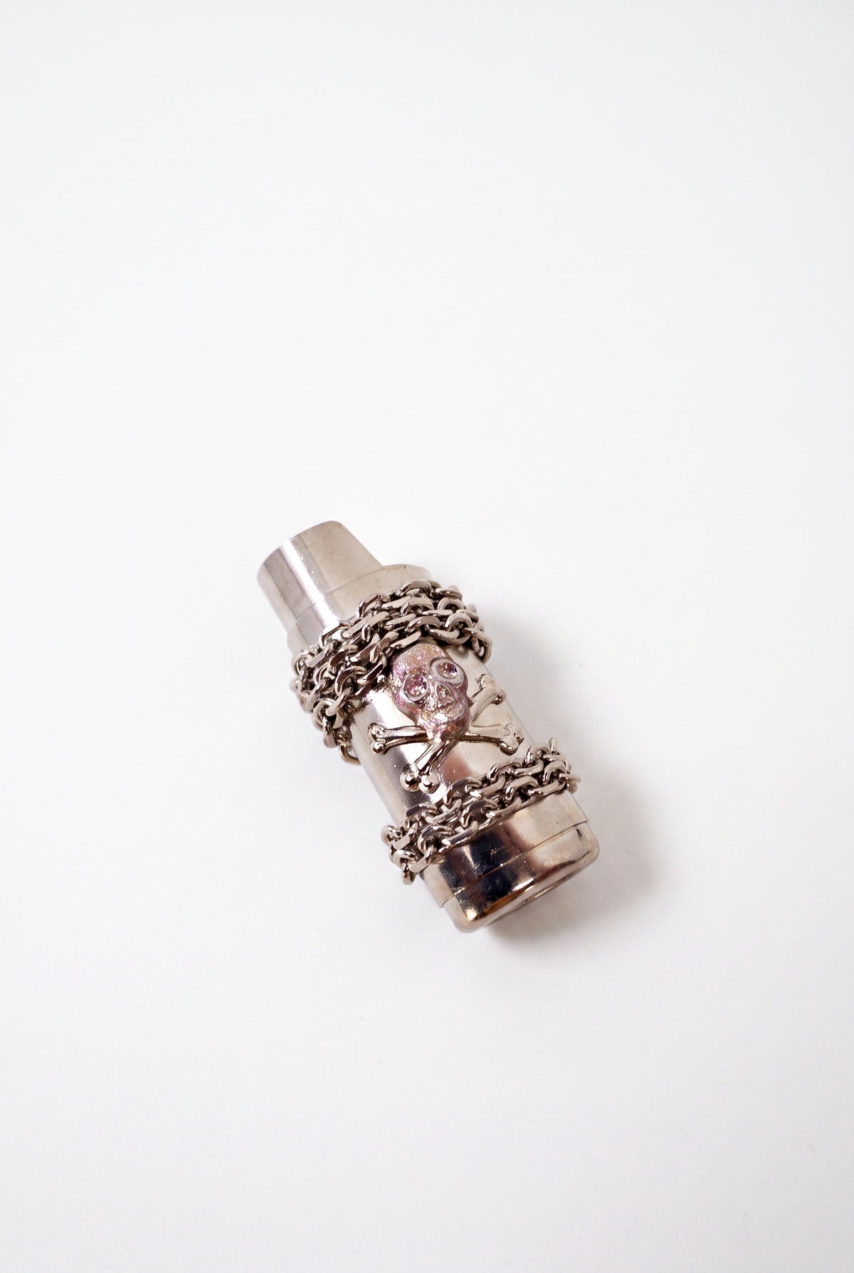 Vintage Palladium Skull Lighter Holder Light Pink Glitter Enamel