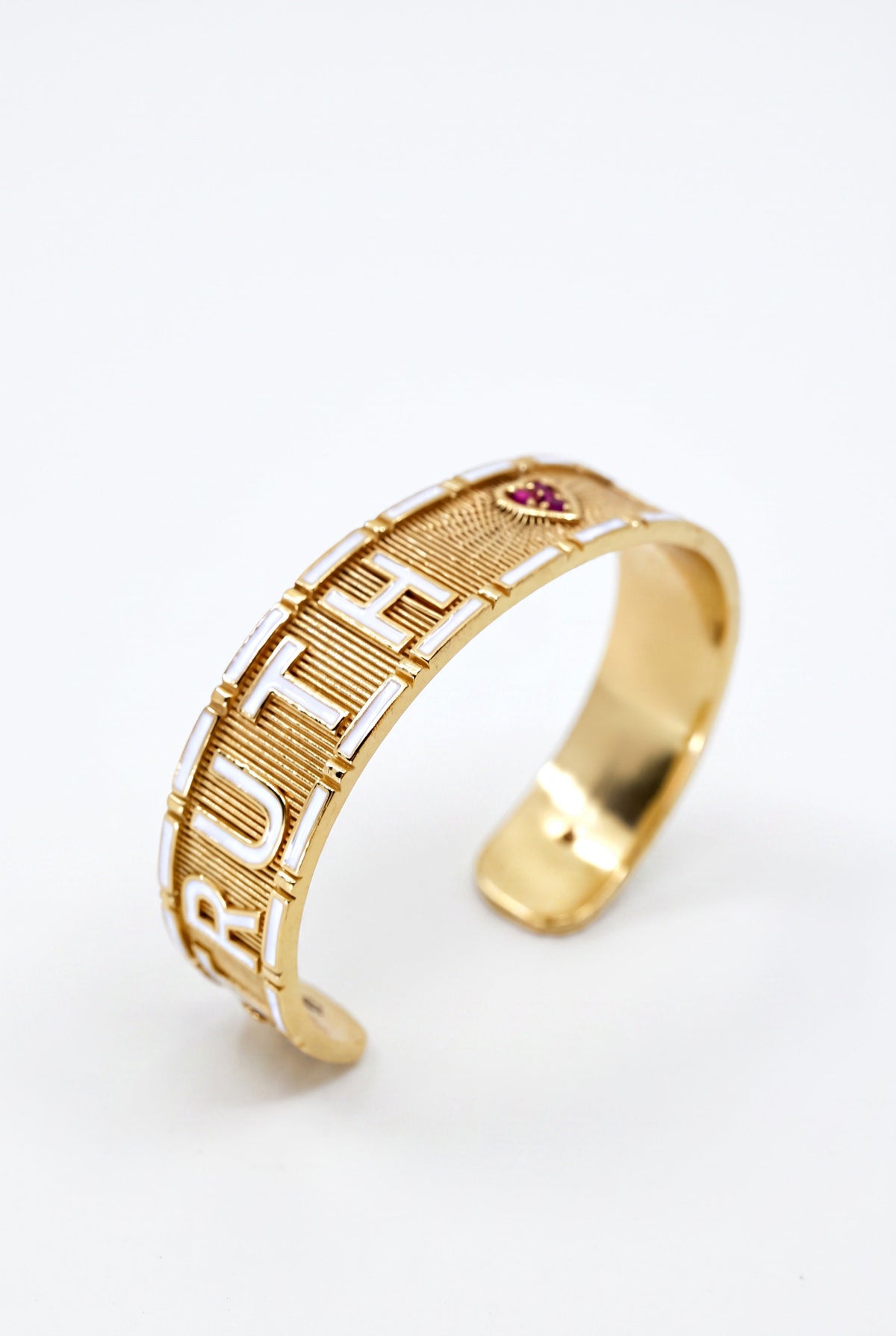 White Enamel Cuff Ruby Heart Bracelet Truth Faith