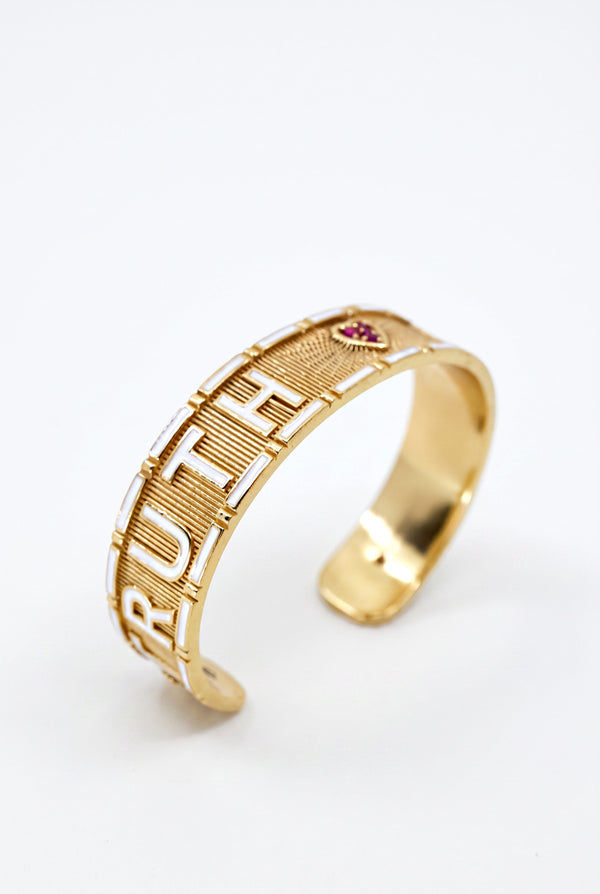 White Enamel Cuff Ruby Heart Bracelet Truth Faith