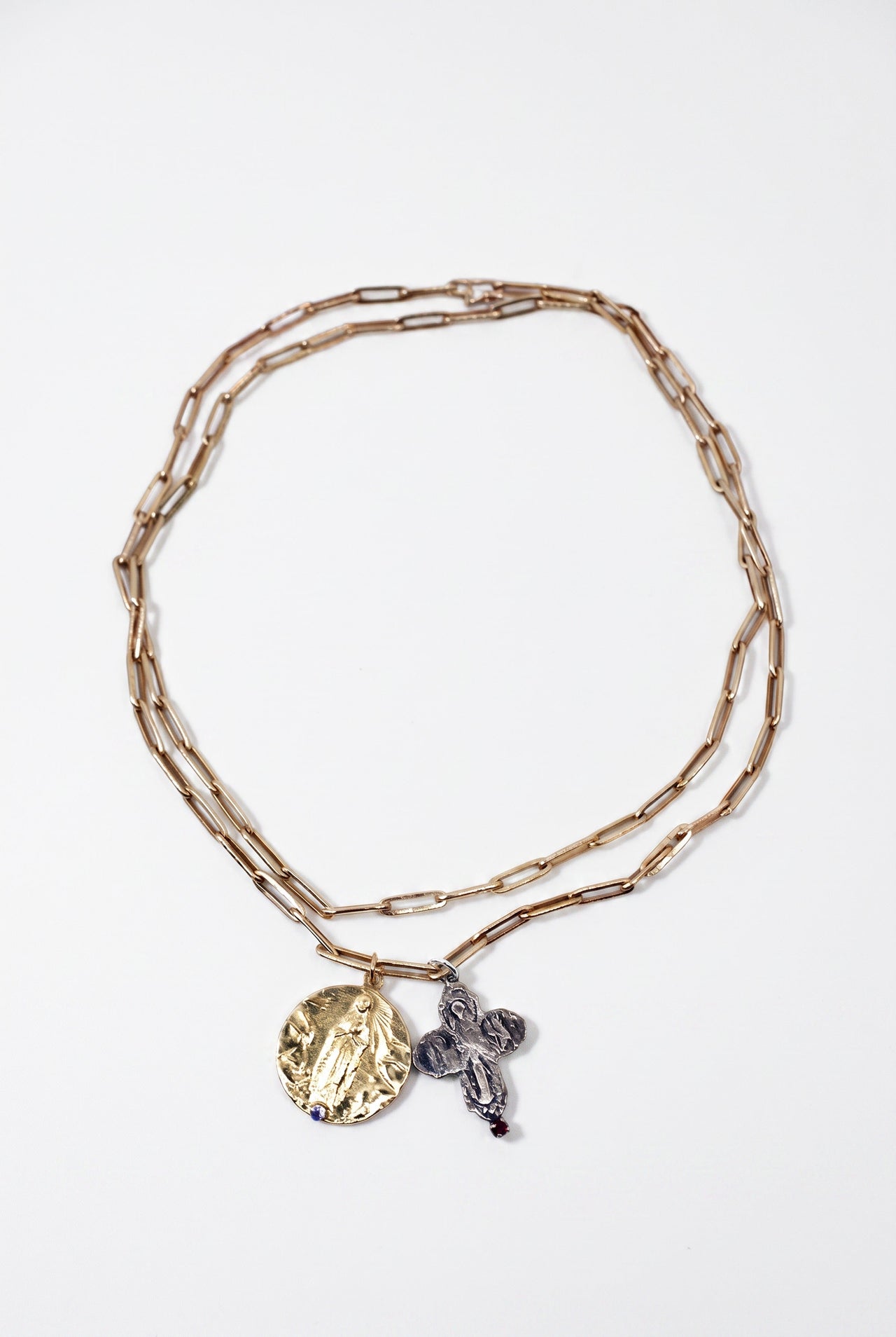 Gold Medal Tanzanite Paperclip Chain Layering Silver Cross Ruby